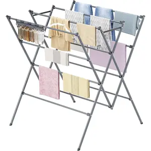 Large Clothing Drying Rack with 12 Drying Poles & Sock Clips, Foldable Portable Laundry Drying Rack for Air Drying Clothing Towels Delicate Items, Silver, for Indoor Outdoor Use