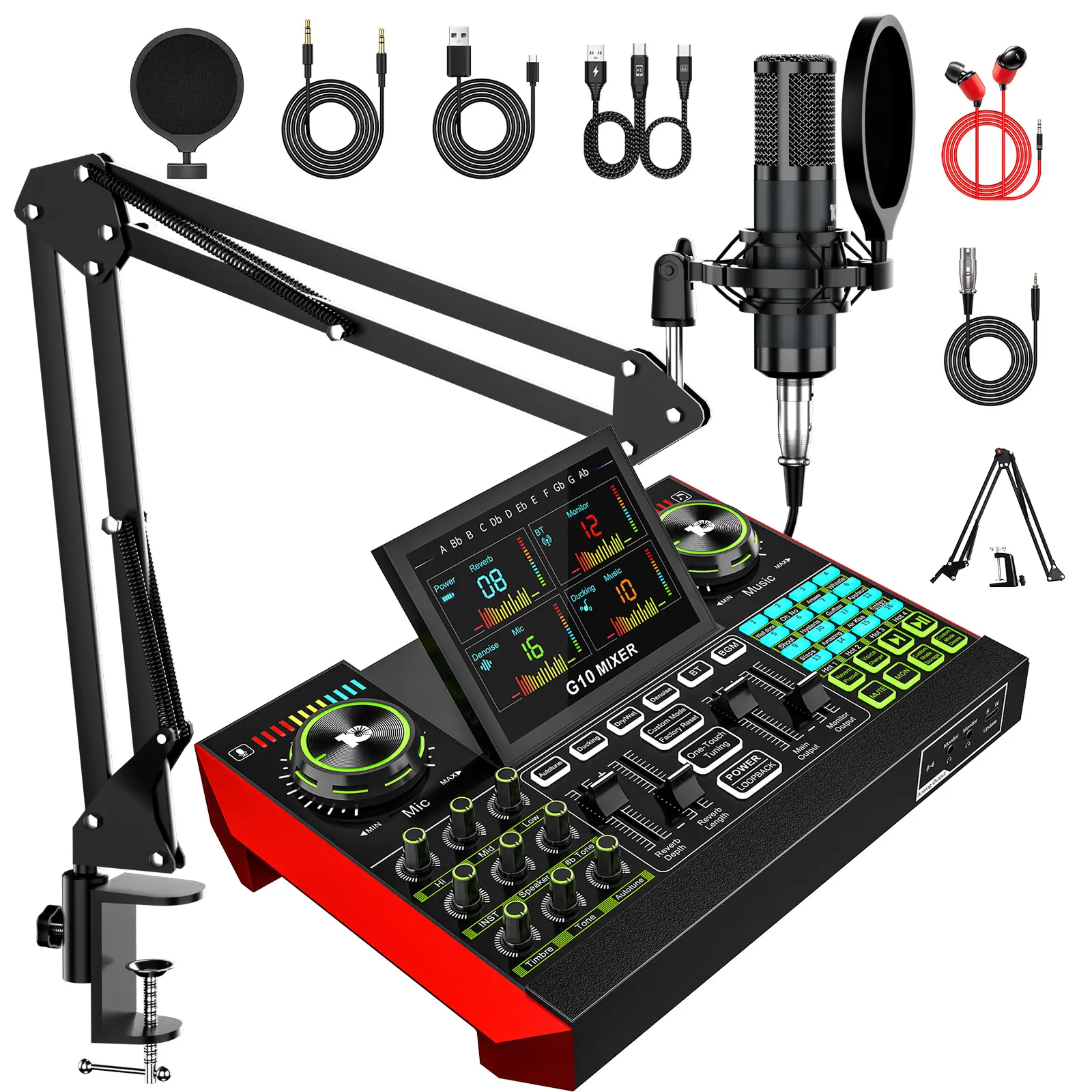 Tenlamp G10-P15 Podcast Live Streaming Kit with DSP Noise Reduction, 12 Customizable Sound Effects and Bluetooth. Compatible with PC, Phones, Speakers and Instruments for Streaming, Audio Recording, Gaming and Podcasts.