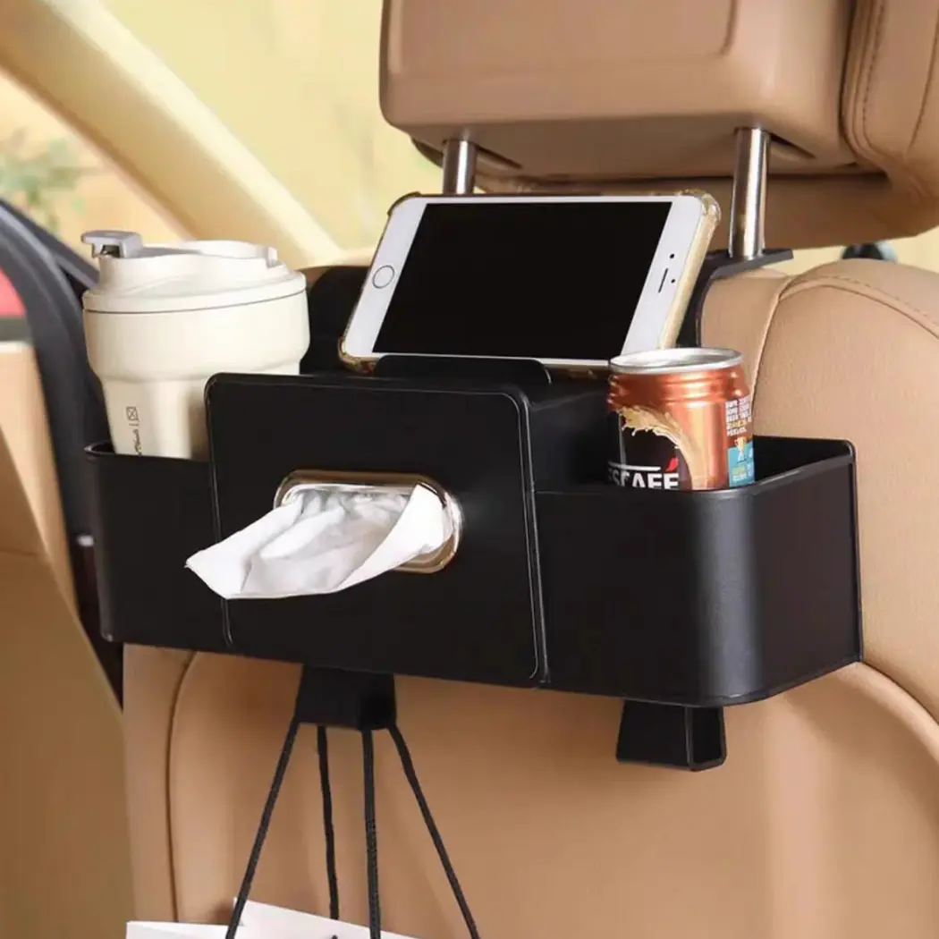 4-in-1 Leather-Like & ABS Car Tissue Storage Organizer - Dual Cups Holders, Hanging Hook, Phone Holder, Functional for Most Vehicle Models, Ideal for Family Trips In-Car Organization, Most Cars