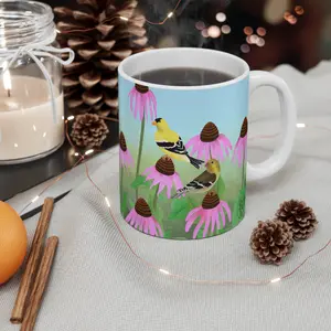 Goldfinch Bird Pair Flower Garden Mug 11oz, Wildflowers Coneflowers Ceramic Cup, Male and Female Birding Lover Gift, Birdwatcher Present,