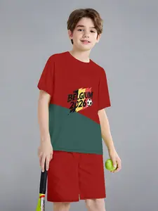 Boys Belgium Fan Set 2026 Flag Print T-Shirt + Shorts Sports Wear, Casual Slim-Fitting, All over Print, Natural Waist