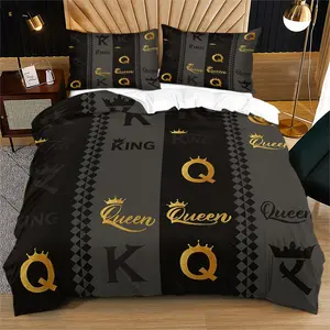 King & Queen Love Duvet/Bedding Cover Set (2/3 Pcs) Decorative Duvet Cover: Includes 1 Duvet Cover + 1/2 Pillowcases (No Filler), Heart Splicing, Crowns, “me & You” “King/Queen” for Luxurious Romantic Style for Couple Bedrooms, Wedding Room