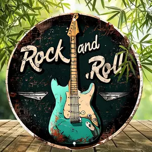 1pc Retro Aluminum Round Sign, Rock and Roll Electric Guitar Design, Vintage-Inspired Wall Art for Bar, Cafe, Music Room Decor, 7.8x7.8 inches Home Decoration