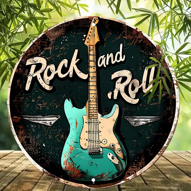 1pc Vintage Aluminum Alloy Round Metal Sign - Rock and Roll Electric Guitar Wall Art, Home Decoration, Cool Gift for Guys, 7.8x7.8in Bar Plaque, Vintage Metal Sign