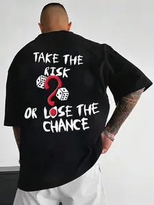 Men's Dice & Slogan Print Drop Shoulder Tee, Street Fashion Casual Soft Comfy Letter Print Half Sleeve Round Neck T-shirt for Daily Holiday Outdoor Wear