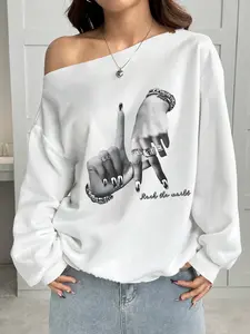 Women's Y2K Style Off-Shoulder Long Sleeve Sweatshirt, Fitted Design, Hand Gesture Pattern, Casual Everyday Fall & Winter Wear, Fashion Tops