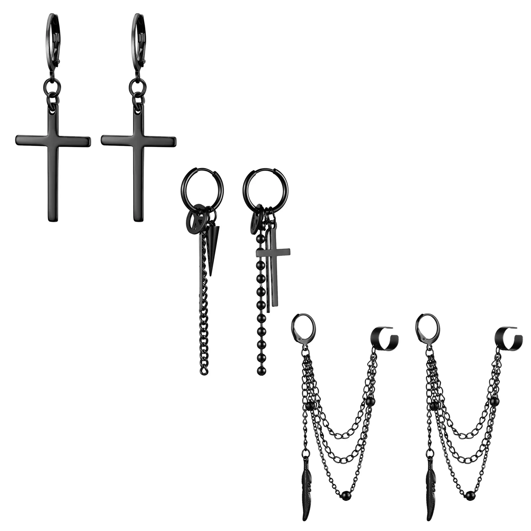 OIDEA Unisex Punk Fashion Long Ear Cuffs - Stainless Steel Jewelry with Cross (2.63 in) & Feather Charm Chain (3.93 in) for Unisex Wear, Featuring Cross/Feather Designs & Defined Drop Lengths, 2.63 In Cross