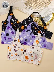 3PCS Women's Seamless Push Up Bra Set with Halloween Print Comfortable Underwear Perfect for Daily Wear & Special Occasions Ideal Gift Wireless Push Up Womenswear