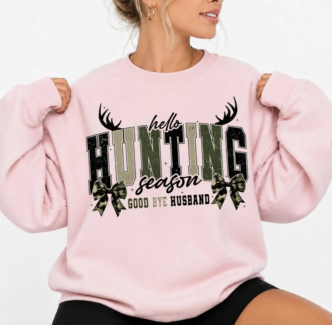Hello Hunting Season Goodbye Husband Women's Pullover Sweatshirts, Camo Coquette Bow Shirt, Hunting Camo Outdoor Apparel, Girls Camo Bow Tee Gifts