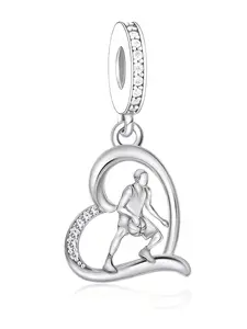Heart-Shaped Basketball Pendant Necklace, Copper Silver Color Zirconia Inlay, Sporty Style Gift for Basketball Lovers
