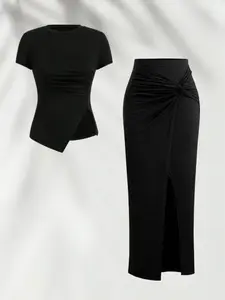 Spring Summer Round Neck Slim Fit Short Sleeve Top, Asymmetrical Hem Twist Knot Dress, Cross Slit Bodycon Two-Piece Set Knitted Womenswear
