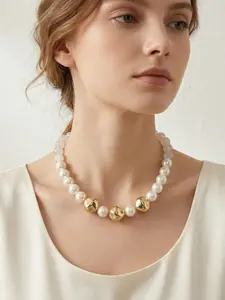 French Vintage Imitation Pearl Necklace, Hammered Gold Bead Accent, Elegant Women's Jewelry, Gift Box Included, All Seasons Wear