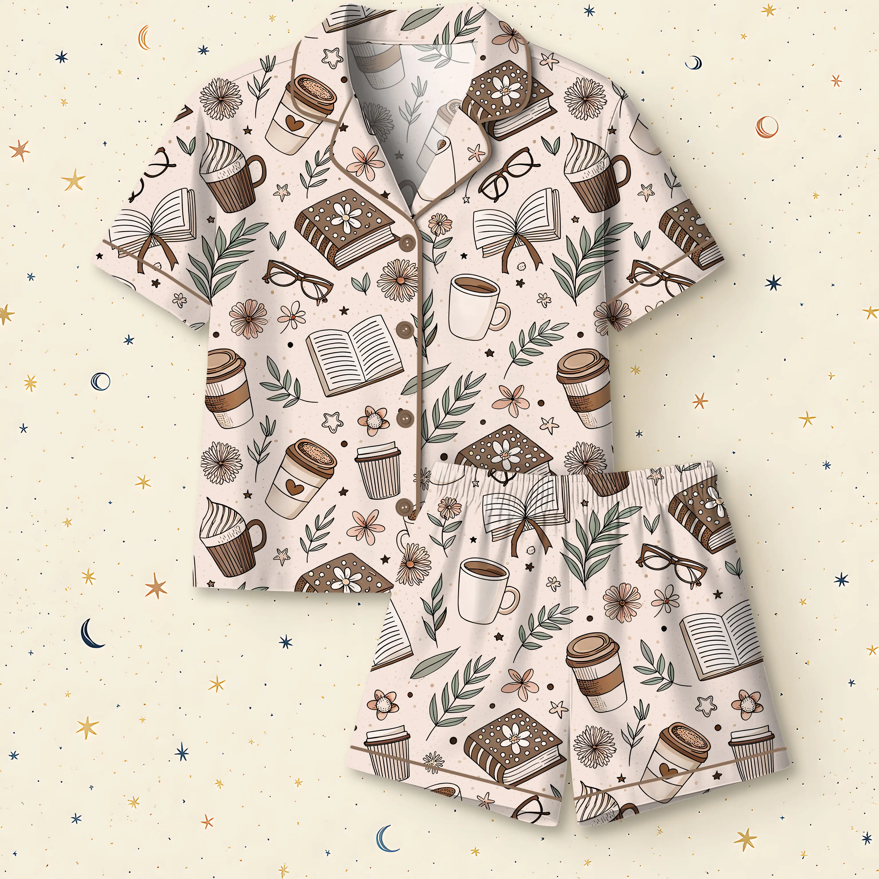 Women’s Beige Coffee And Books Reading Lover Girly Bookish Print Latin Pajama Set, Short & Long Sleeve Satin Pajama Set