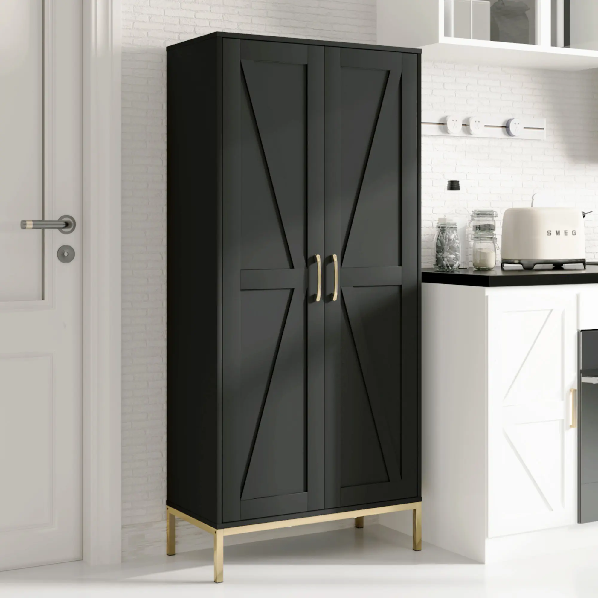 Wooden Closet Cabinet - Tall Freestanding Indoor Pantry Cupboard with 2 Doors, 3 Adjustable Shelves for Dining Room, Living Room