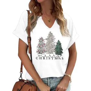 Womens Christmas T-Shirts Short Sleeve V Neck Christmas Tree T-Shirts Christmas Lights Graphic Tee Tops