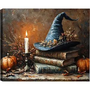 Framed Halloween Canvas Wall Art for Living Room Decoration 8x12, Witch Hat Exquisite Poster Painting Prints,Vintage Spooky Pumpkin Fall Canvas Art for Bedroom Home Decor