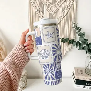 Tumbler 40oz  Nautical Seashell Travel Cup With Handle  Beach House Gift for Her Insulated Steel Mug