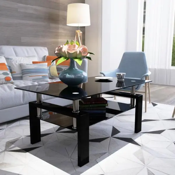 Bellemave Rectangle Coffee Table - 2-Layers Tempered Glass Living Room Table, 39.37x23.62x17.32 in, 8mm Top, 5mm Shelf, Modern Indoor Furniture, Living Room Tables