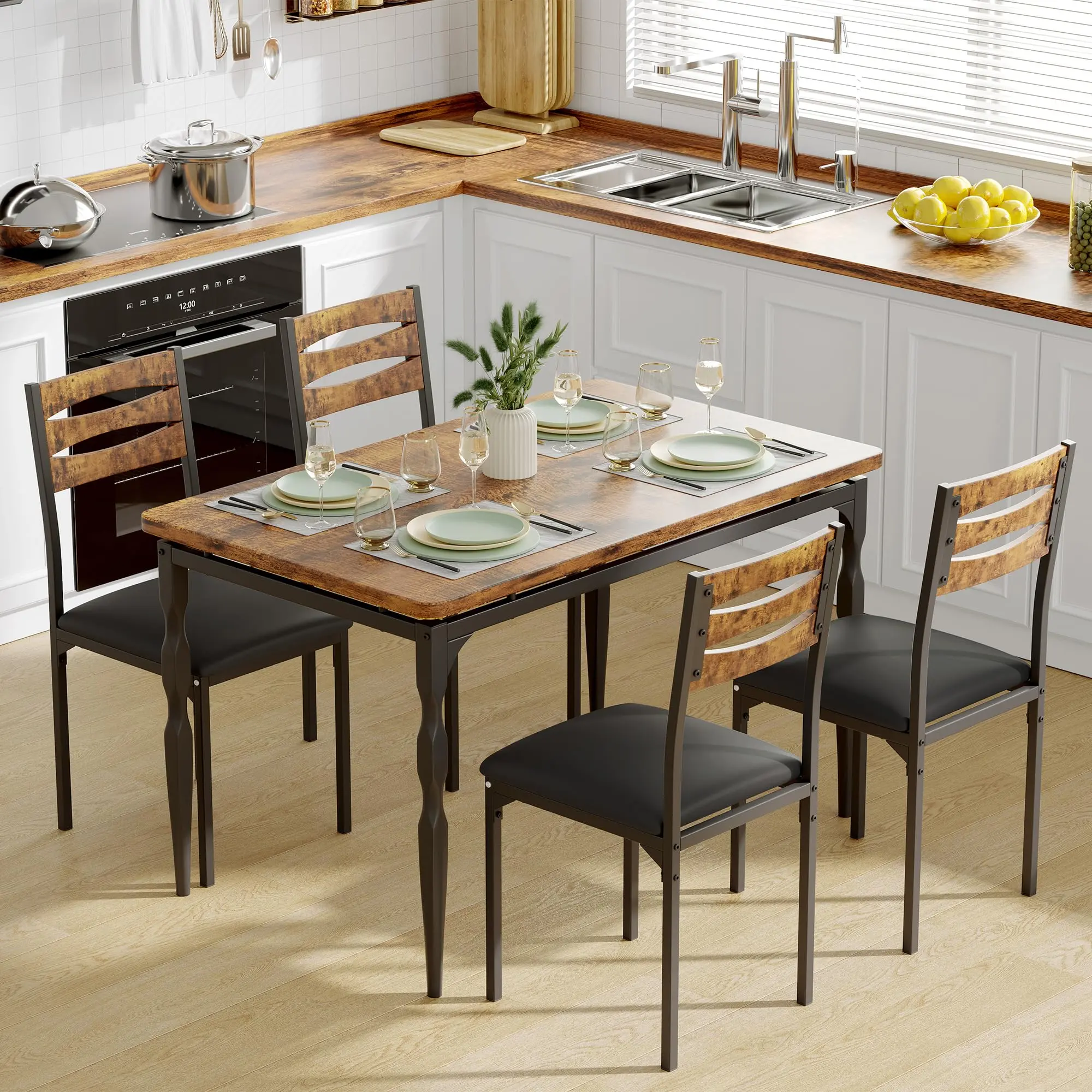 5-Piece Industrial Dining Table Set with Chairs - Rectangular Table, Sturdy Metal Frame, Easy Assembly, Space-Saving for Apartment Dining Rooms, Modern Farmhouse Options (Brown, Black, Grey), Farmhouse Table Set