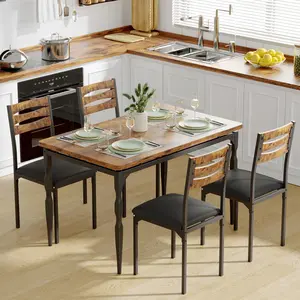 5 Piece Dining Table Set for 4, Industrial Style Rectangular Table & 4 Chairs, Sturdy Metal Frame, Easy Assembly for Apartment Dining Rooms Space-Saving, Available in Brown, Black, Grey