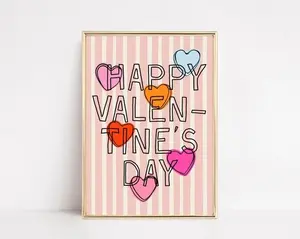 Happy Valentine's Day Print, Trendy Pink Striped Wall Art, Candy Hearts Poster, Y2K Apartment Decor