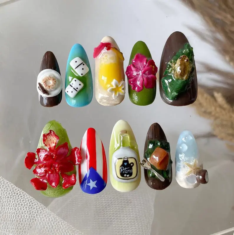 Handmade Puerto Rican Tropical Press On Nails | 3D Hibiscus Flower Beach Nails | Island Vacation Nail Set | Reusable Glue On Nails