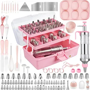 Gawren-H&E 209 PCS Baking Supplies-Cake Decorating Kit with Dessert Decorating Syringe Set,Storage Case,Piping Bags and Tips Set,Frosting Fondant Bakery Set for Beginners and Cake Lovers (Pink）