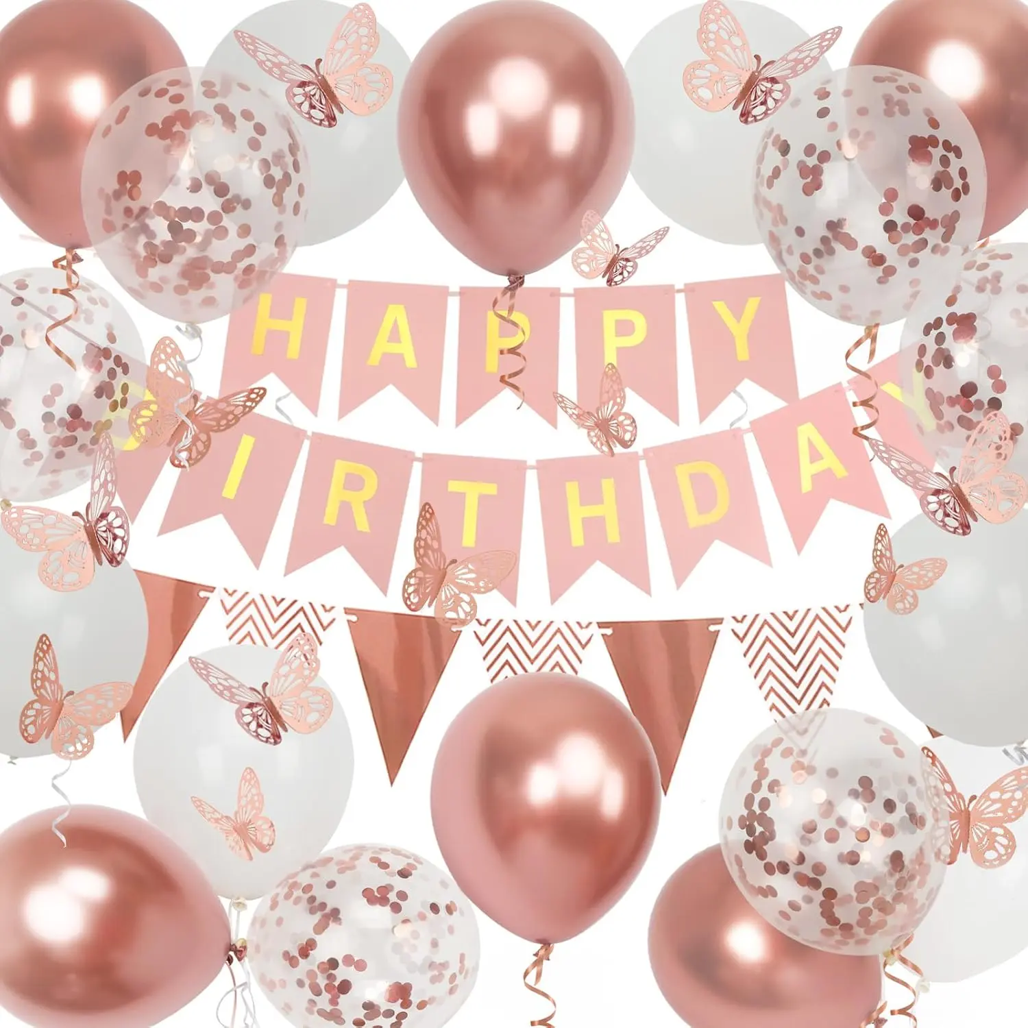 Rose Gold Birthday Decoration, 18 pcs 12 inch Happy Birthday Banner with Butterfly Stickers and Balloons for Girl and Women Happy Birthday Decorations