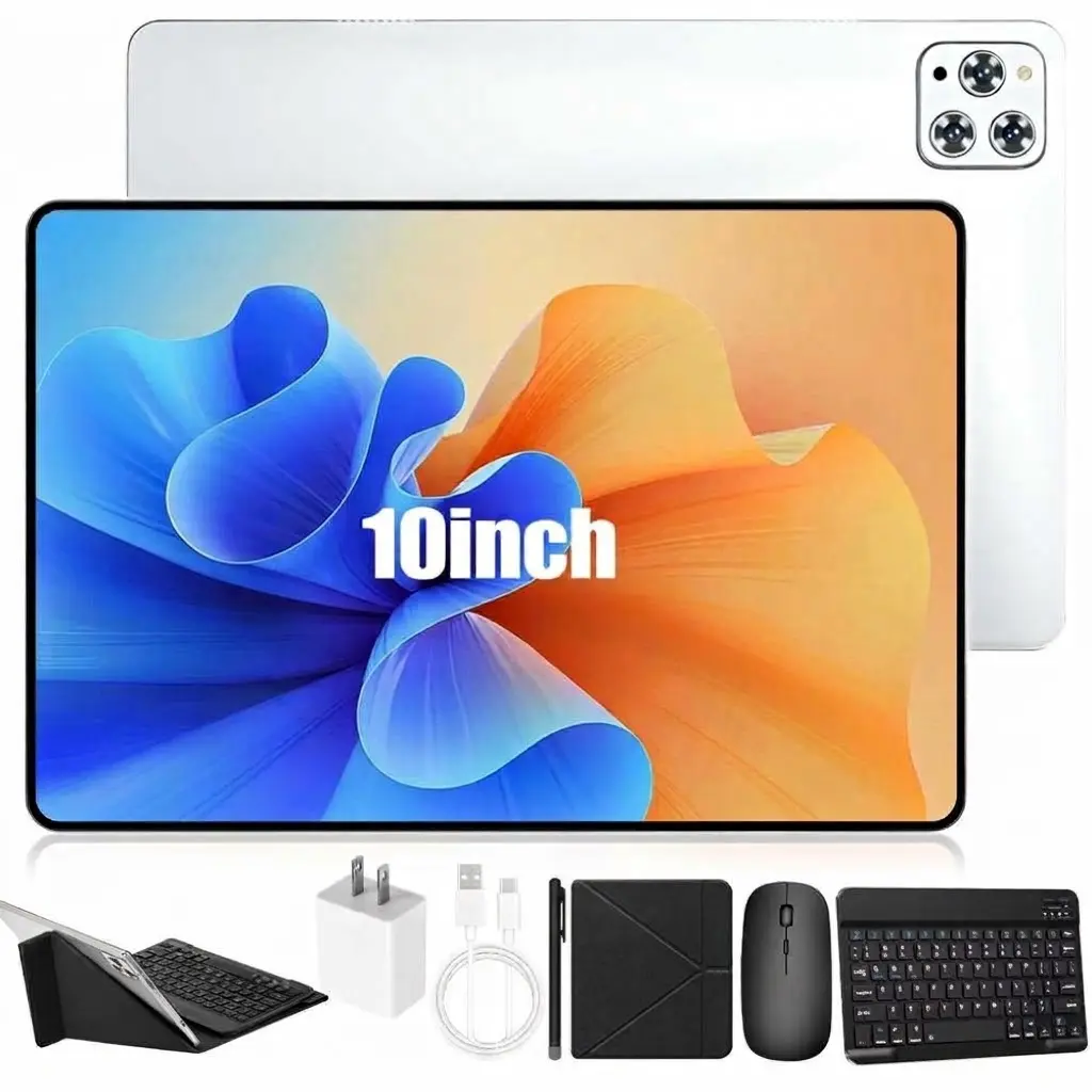 【TechVibes】10.1‑Inch Android 15 Tablet with 4GB RAM, 64GB Storage, Dual SIM, IPS 1280x800 Display, 5MP+13MP Camera, 5000mAh Battery, Radio, USB Adapter, Wireless Card & Keyboard Mouse Stylus Case Rear Remote Bluetooth Charging, Screen, Electr