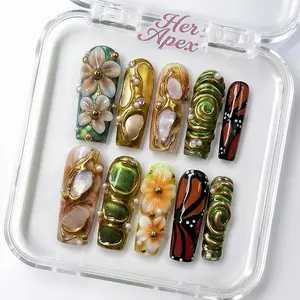 Her Apex Greenwood Sprite Handmade Press-On Nails - Beauty Products, Reusable, Salon-Quality, Long-Lasting, Glossy Design acrylics Maple Leaf Polish Strips Art Kit