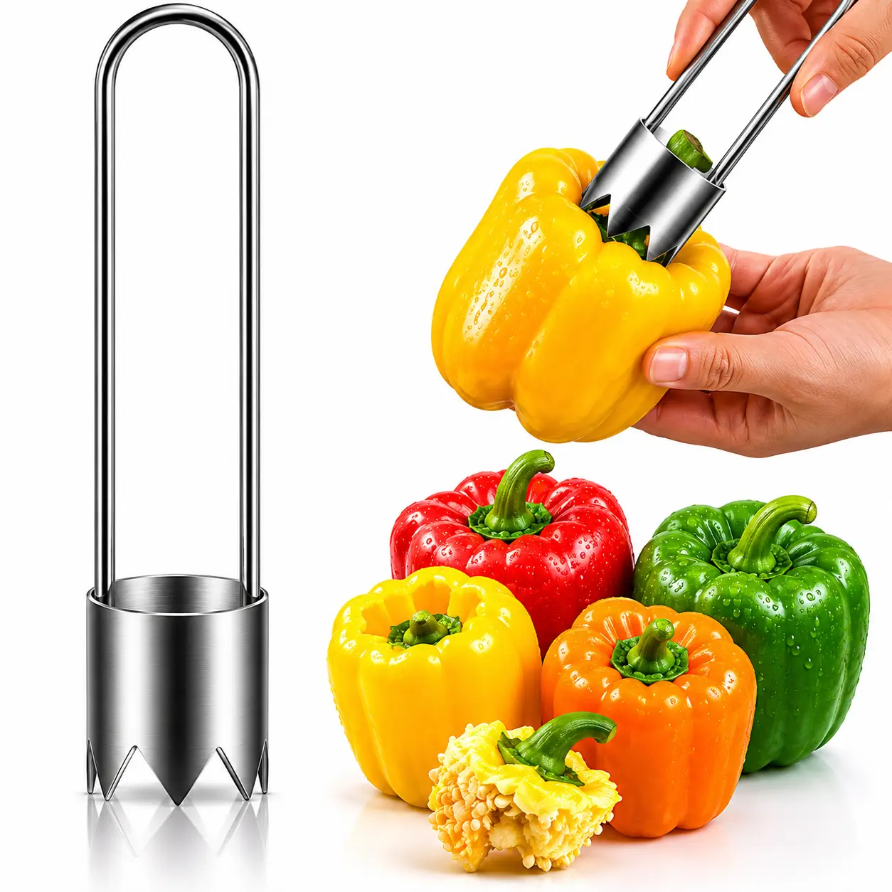 Stainless Steel Fruit & Vegetable Corer - Durable, Rustproof, Easy to Use, Easy to Clean Kitchen Utensil for Food Preparation, Time-Saving Tool for Home Cooks, Fits Apples, Pears, Tomatoes, Red Sweet Peppers