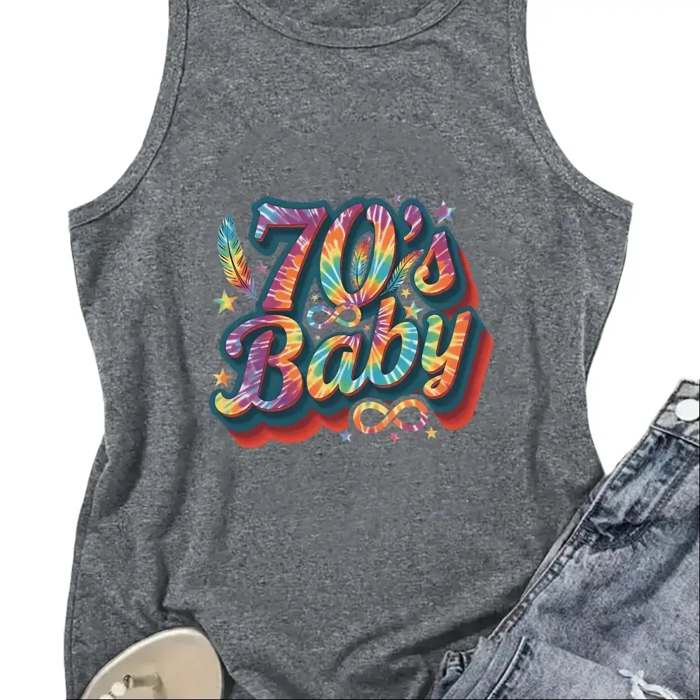 Men's Cotton Gradient 70s Hippie Tie-Dye Crew Neck Tank Top, Vintage Retro Sleeveless Casual Streetwear Vest