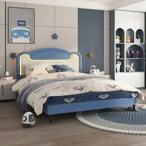 LED Light Upholstered Bed Frame, Full Size Princess Platform Bed with Fabric Headboard and Wood Slats, No Box Spring Required in Blue and White