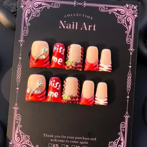 Y2K Handmade Nails, Medium Length, Cherry and Rose Inlaid, Hand-Drawn Text Kissme, Unique Personality, Suitable for Any Occasion