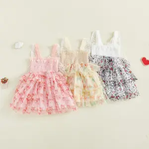 Toddler Girl Sleeveless Tulle Dress Bow/Heart Print Suspender A-Line Dress with Butterfly Wing for Spring Summer