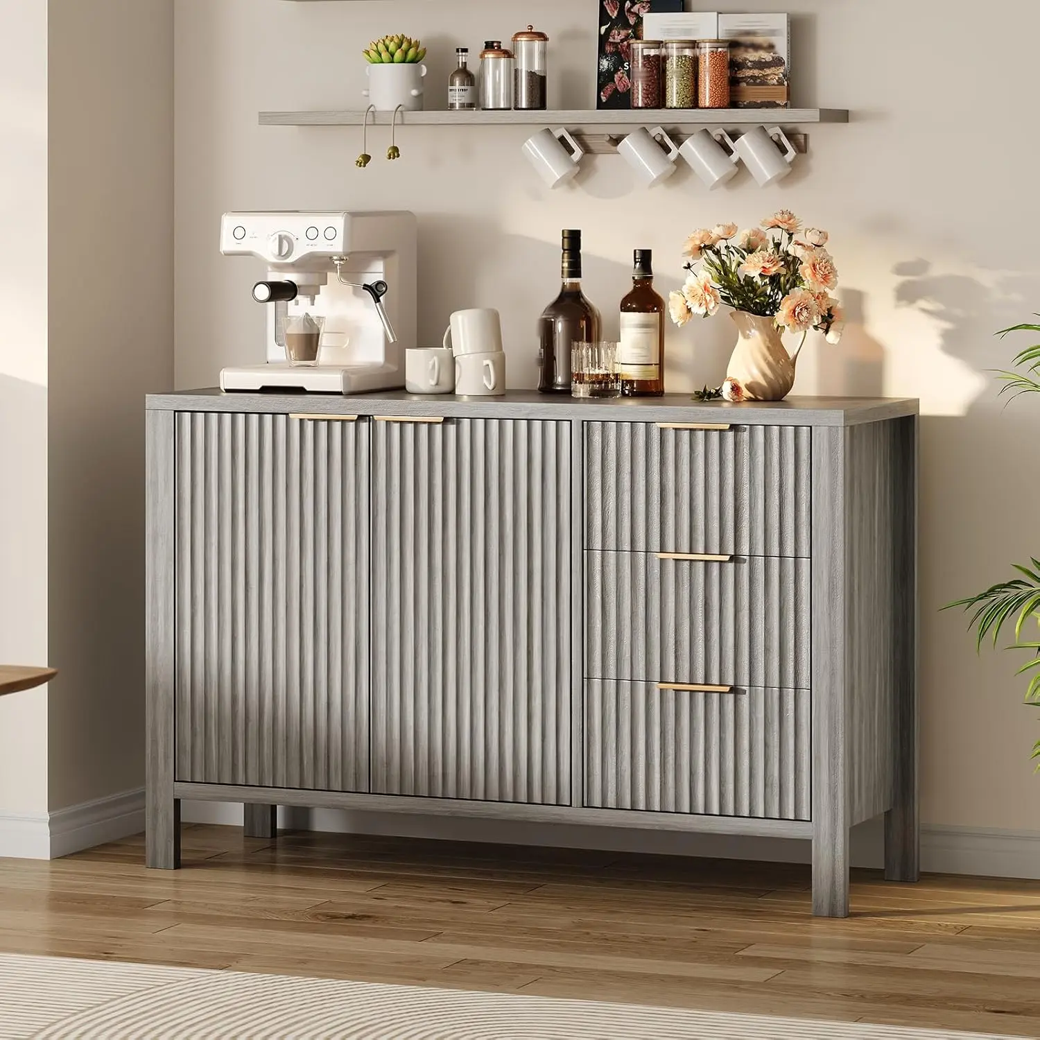 Fluted Sideboard Buffet Cabinet, Modern Storage Cabinet with 2 Doors, 3 Drawers & Adjustable Shelf, Accent Credenza Sideboard Console Table for Entryway, Living Room, Dining Room
