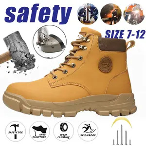 Non-Slip Men's Solid Color Classic High Top Plain Toe Safety Boots Comfy Durable Lace Up Work Shoes Anti-Smashing Anti-Stab