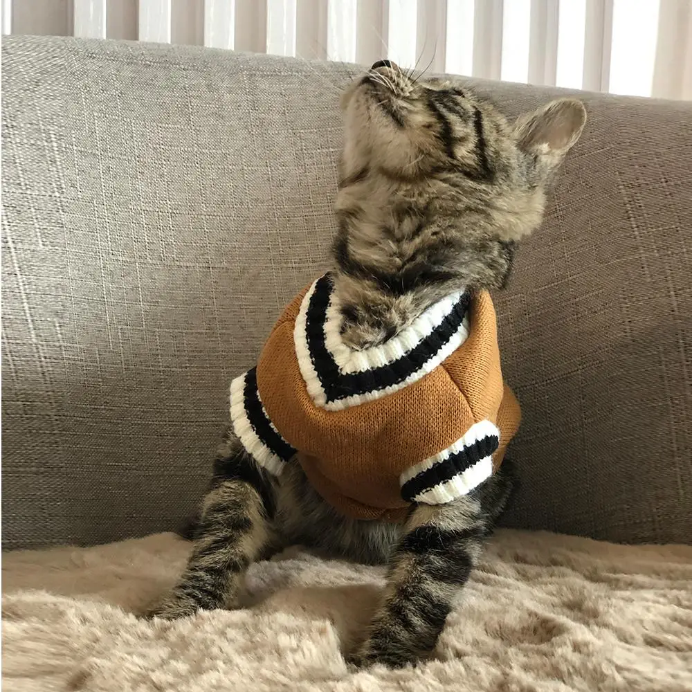 Striped Pattern Pet Sweater, Casual Comfortable V Neck Contrast Binding Sweater, Dog Costumes, Pet Winter Clothes for Small Medium Large Dogs & Cats,