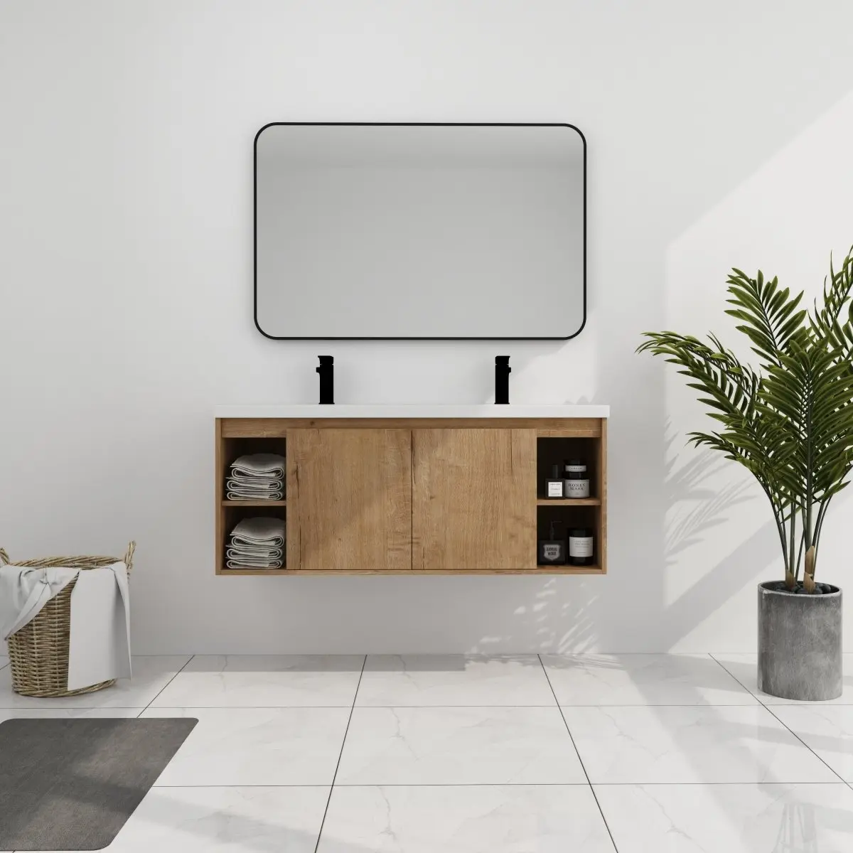 ExBrite 48 in Double Sink Bathroom Vanity - 48" Wall Mounted with Soft Closing Door Hinges, Wooden