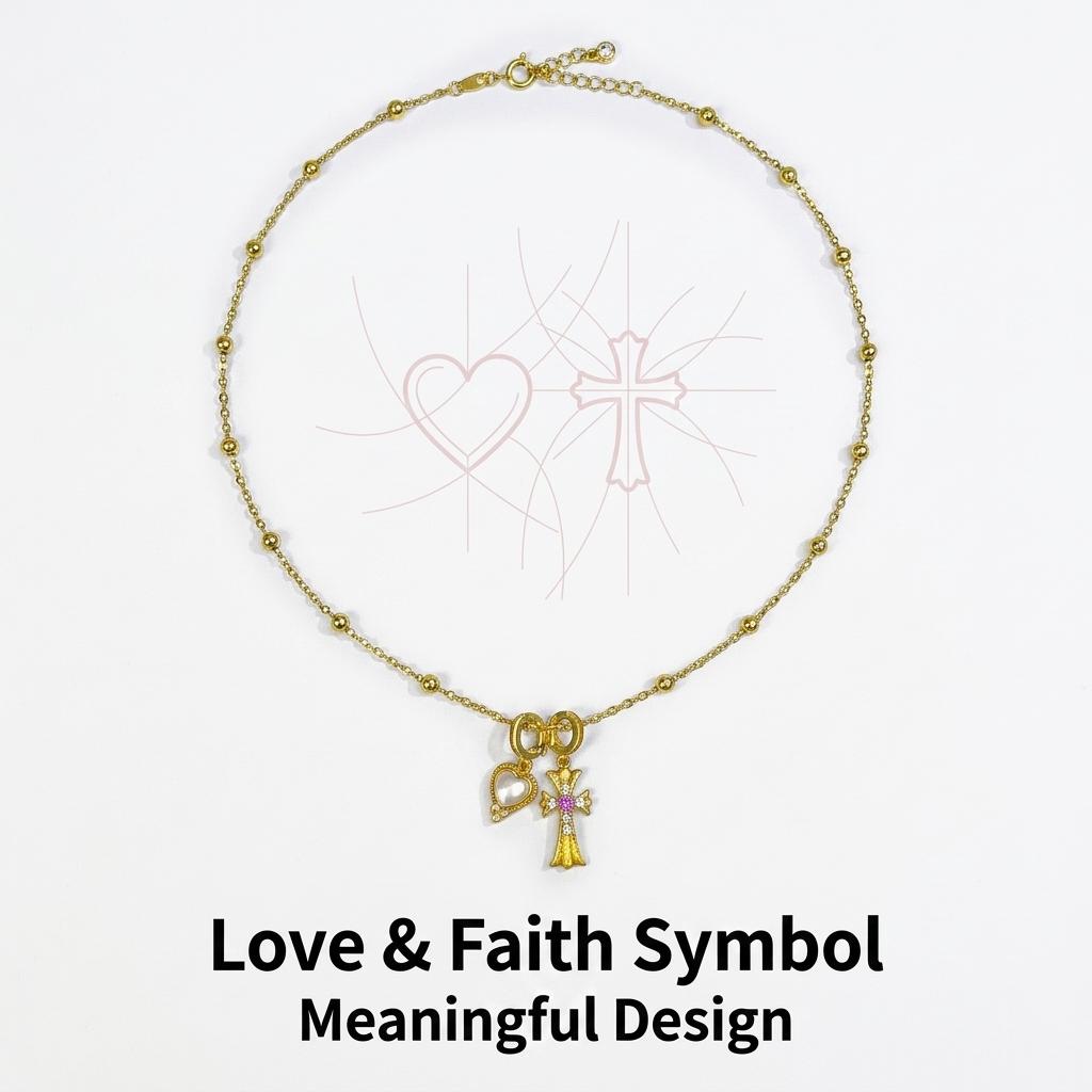 Pink Diamond Cross & Heart Shell Pendant Clavicle Necklace