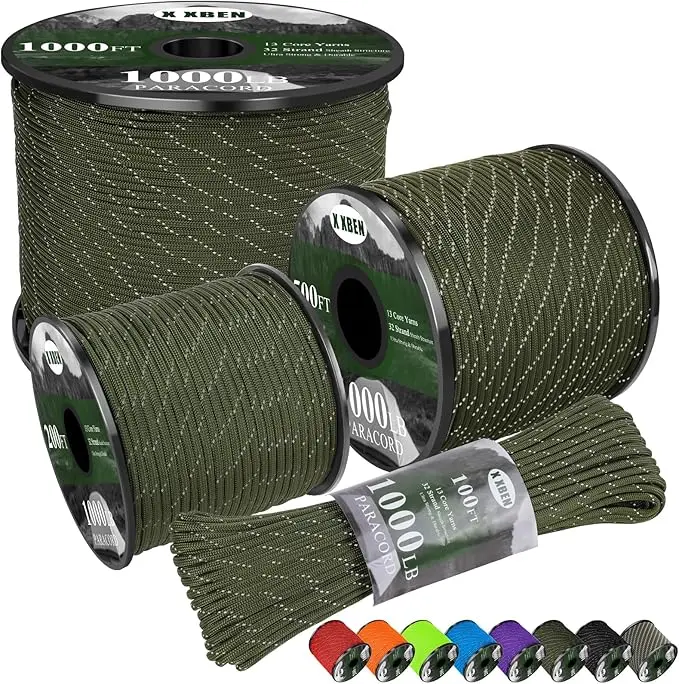 Reflective 550 Paracord Rope 4mm, Heavy Duty 13 Strand Utility Cord for Camping, Hiking, Fishing, Tent Setup, Hammock, Outdoor Gear & Emergency Use, Army Green