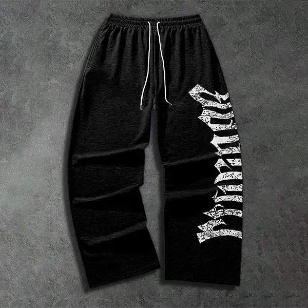Men’s hip-hop gothic letter print wide-leg pants, vintage distressed loose drawstring sweatpants, trendy versatile street-style casual long pants