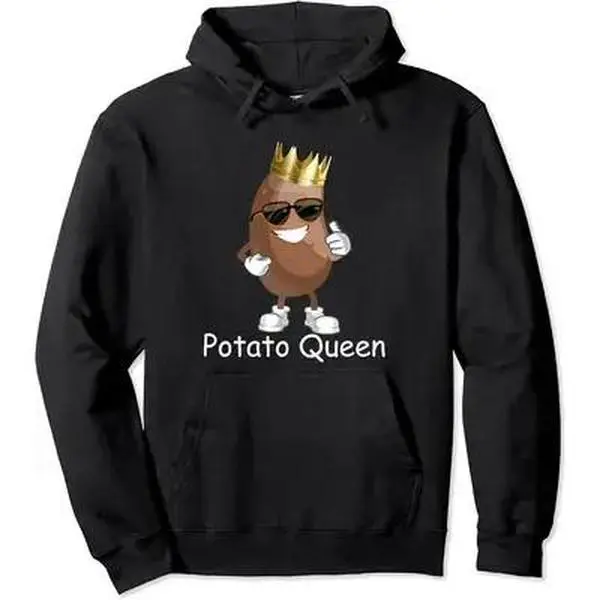 Men's Funny "Potato Queen" Graphic Hoodie Sweatshirt - 100% Soft Cotton Longsleeves Pullover Top, Classic Fit, Vibrant Print, Cold Wash, Non-Shrinking, Ideal for Gym & Party, Casual Top