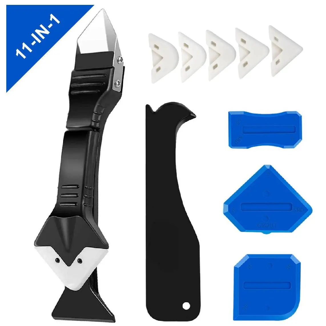 11Pcs Silicone Caulking Tools Set - Wipe-Clean Reusable, Multi-Size Interchangeable Silicone Heads, Steel+Plastic 3-in-1 Grout Remover, Dual-Mode Switch Seam Scraper (3/6/10/13/17mm) for Cleaning Residue, 3-in-1 Sealing, Kitchen, Bathroom, DIY Enthusiasts