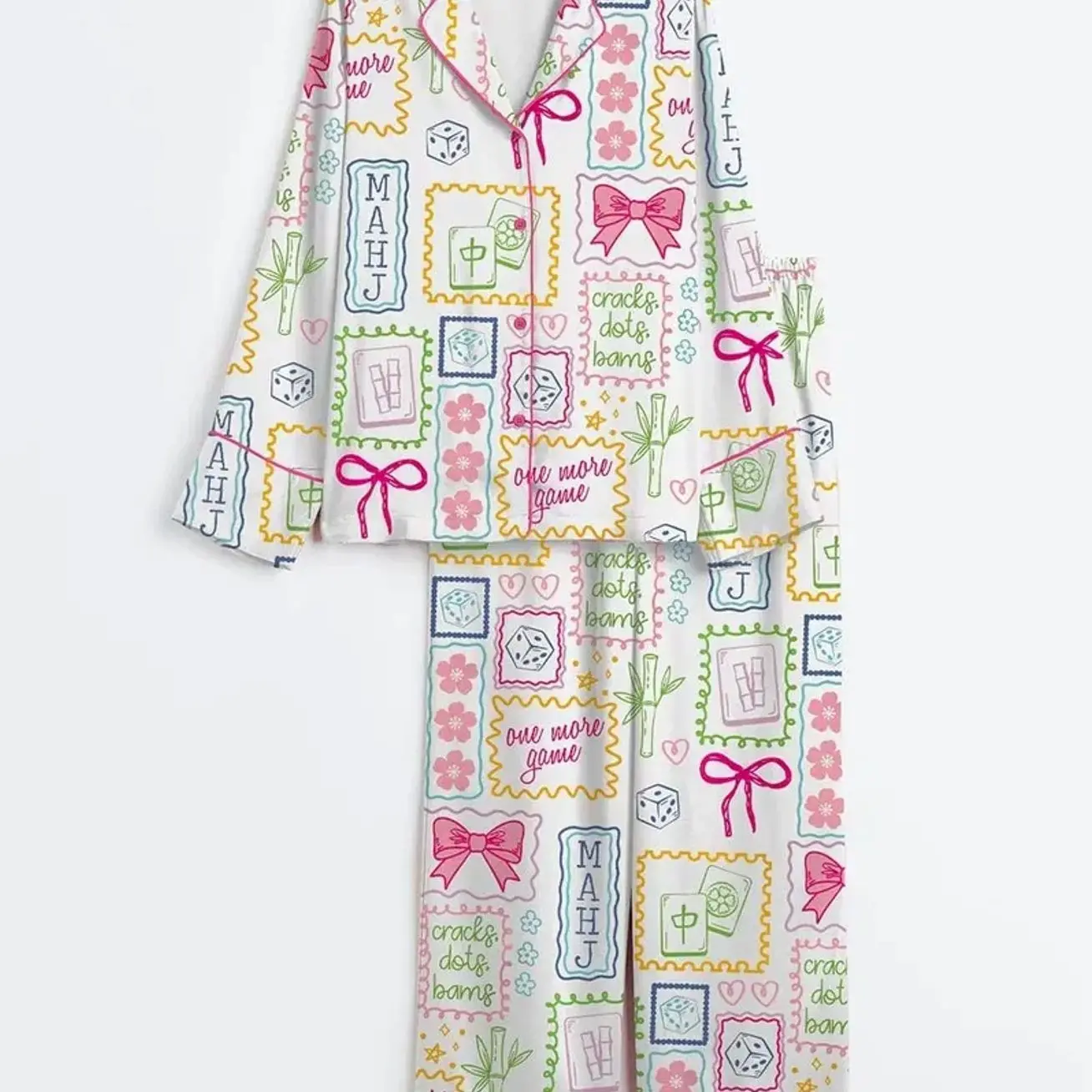 Women’s Tile Game Pajama Set, Long Sleeve Sleepwear, Social Club Party Pajamas, Cozy Game Night Loungewear Gift Z3M