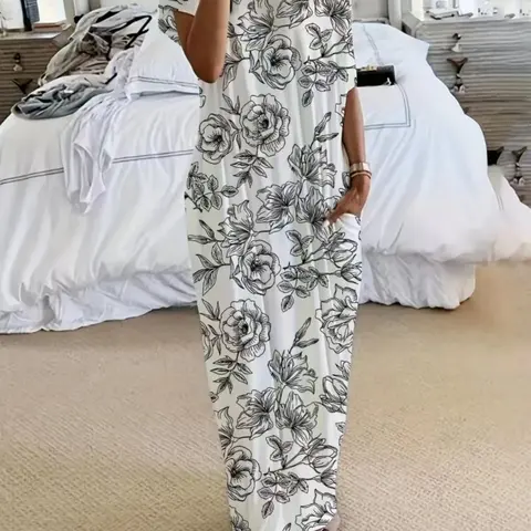 【Black Friday】Women’s Tie-Dye/Butterfly/Heart Print Sleepwear, Round-Neck Short-Sleeve Loose-Fit Casual Nightgown, Comfortable Lounge Dress with Pockets