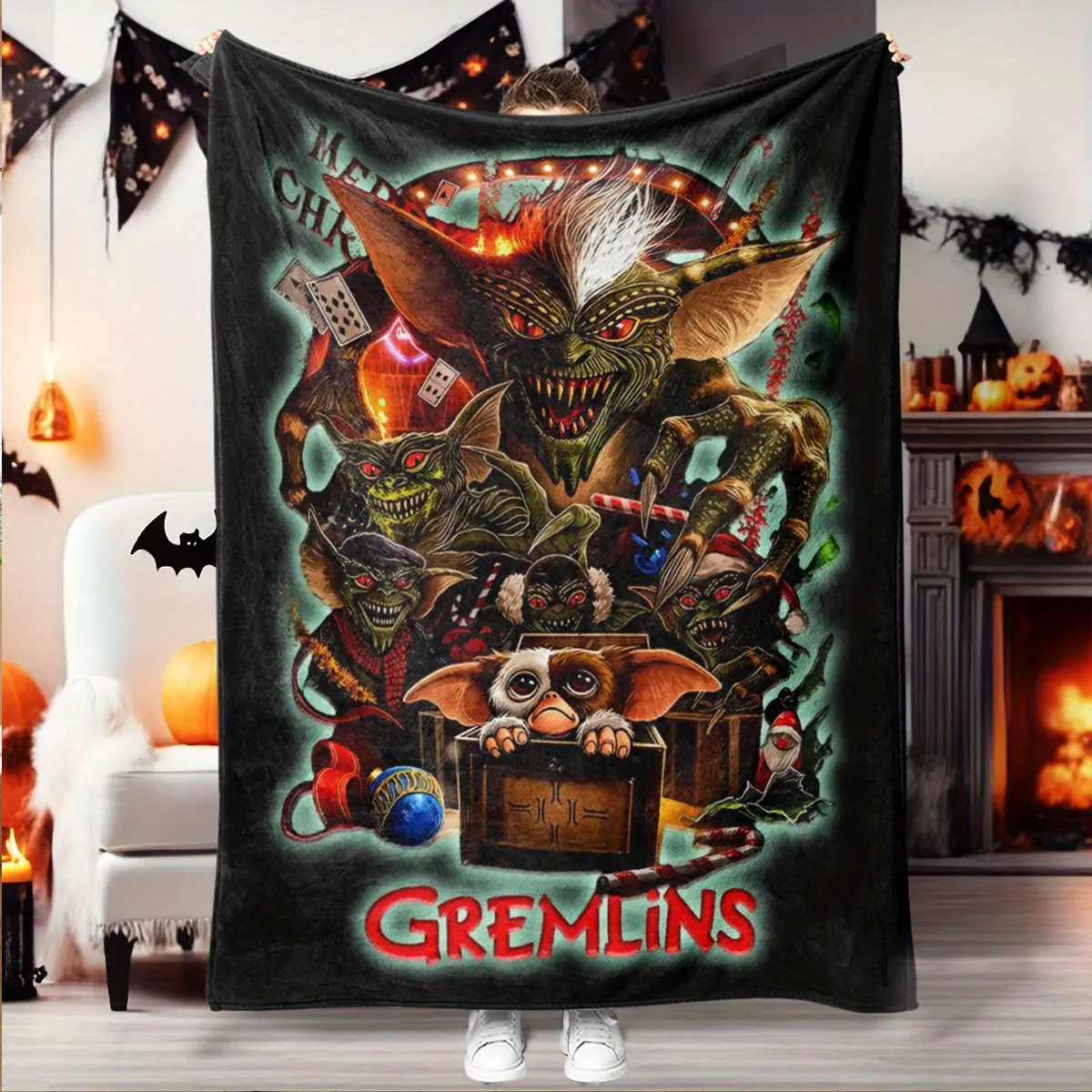 Classic Gremlins Print Single-Side Microfibre Blanket - Super Soft, Durable, Breathable, Stain Resistant, Machine Washable, 80x60in, Ideal for Home/Camping, Easter Gift for Fans