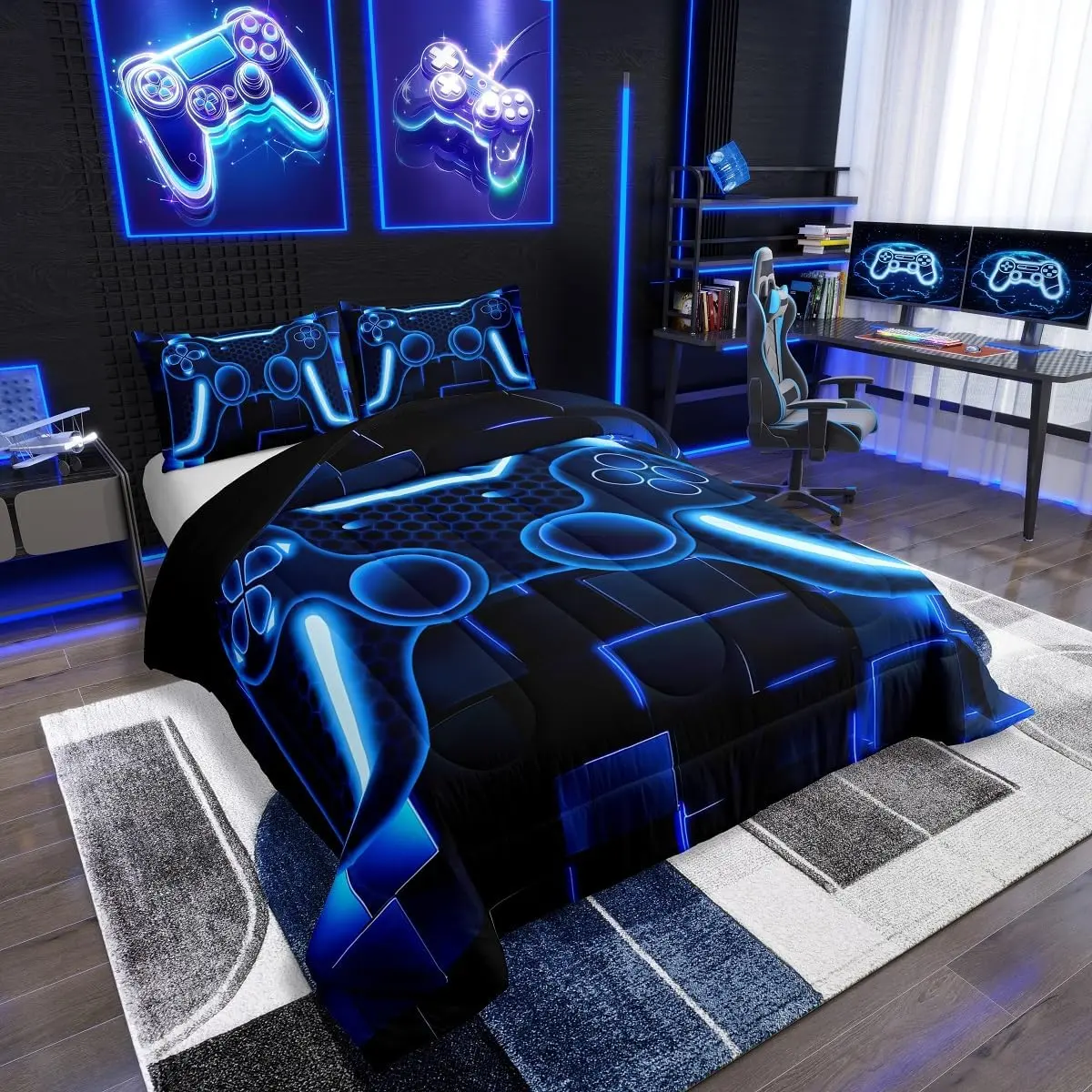 Feelyou Kids Gamer Bedding Sets - Breathable Soft Printed Blanket, Lightweight Blue Neon Geometric Square Grid Pattern, for Boys, Camping Use