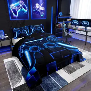 Kids Gamer Comforter Sets, Blue Game Bedding Set for Boys Teens,Girls Gaming Ombre Comforter,Neon Geometric Square Grid Duvet Set