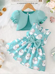 Girls Summer Two-Piece Set, Mint Bubble Sleeve Ribbed Cardigan Jacket, Lamb Print Bow Dress, Sweet Cute Casual